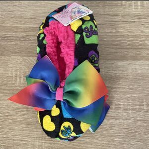 JoJo Siwa Black Pink Rainbow Bow Hearts Soft Fuzz Slippers Girls Kids 13-4 NEW